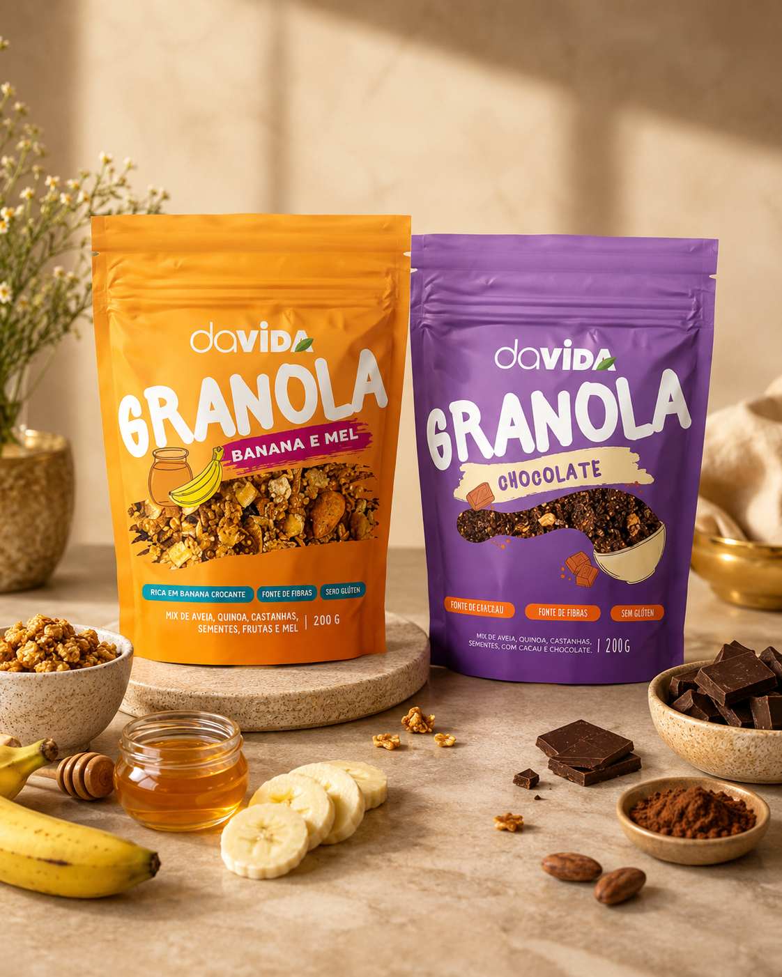 KIT 2 GRANOLAS - BANANA E MEL + CHOCOLATE